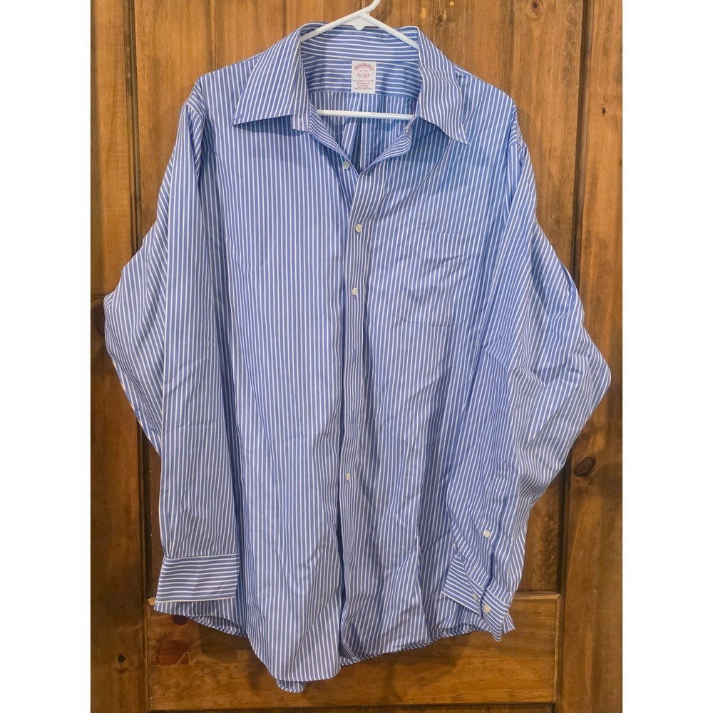 Brooks Brothers Button Down Mens 17-4/5 Blue Excellent‎ Striped Non-Iron Cotton